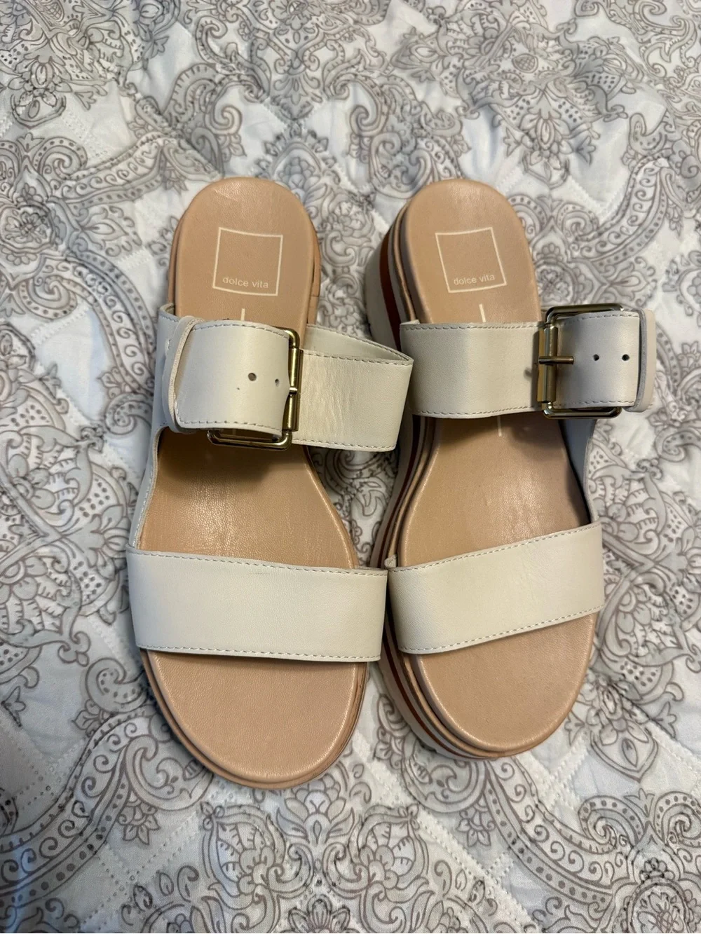 Dolce Vita Cream Platform Slide Sandals with Gold Buckles